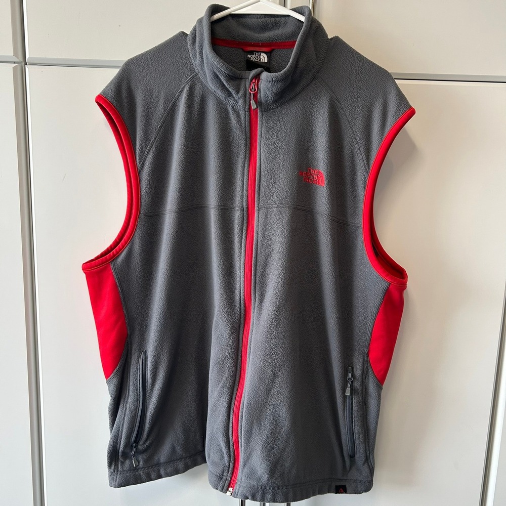 The‎ North Face Mens Full Zip Fleece Vest Gray Red XXL Outdoor Hiking Layering